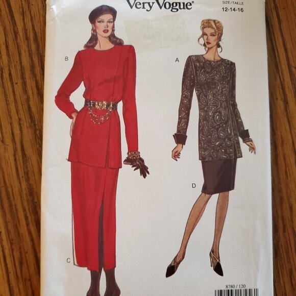 90s Vogue Pattern 8780 Tunic Loose Fit Extended Shoulder Skirt Petite 12 14 16 - Picture 1 of 3